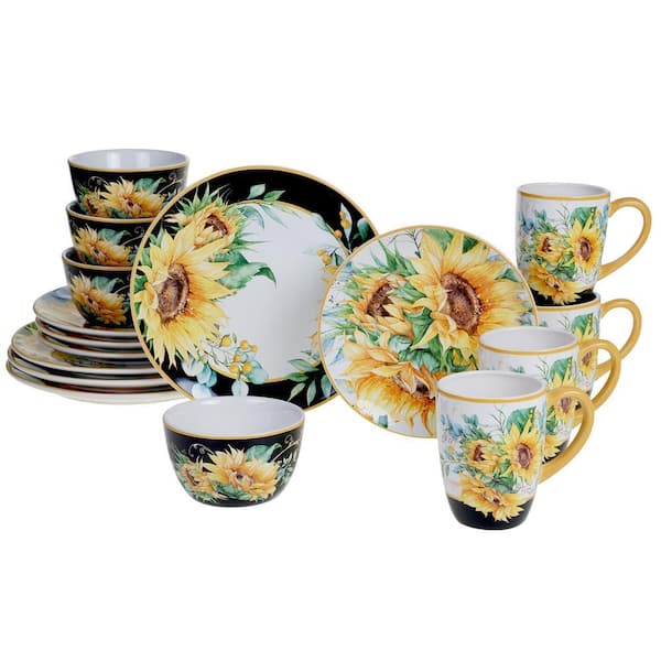 Sunflower Fields 16-Piece Seasonal Multicolored Earthenware Dinnerware Set (Service for 4)