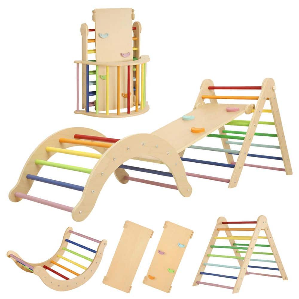 7-in-1 Wooden Climbing Set for Toddlers Indoor, Rainbow Montessori Pikler Triangle with Arch, Ramp & Ladder price history on PriceWatchPro