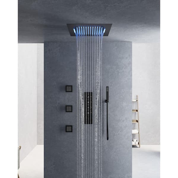 YAWWALK Thermostatic 15-Spray 20 in. Square LED Mood Lighting Bluetooth Music Shower System with Valve in Matte Black