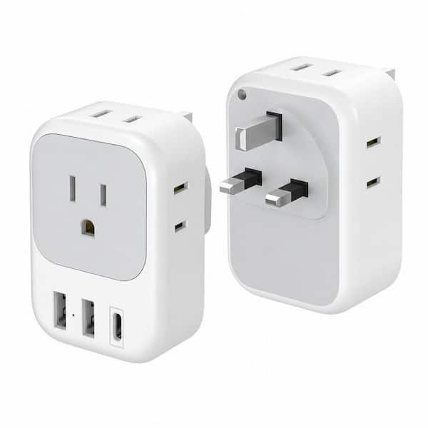 2-Pack US to UK Travel Plug Adapter with 4-Outlets and 3-USB Charger (1 USB C Port)