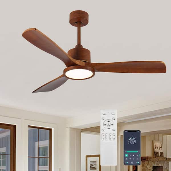 Hicora 52 in. Indoor/Outdoor Integrated LED Brown Wood Downrod Mount Ceiling Fan with Light Kit and Remote, Silent