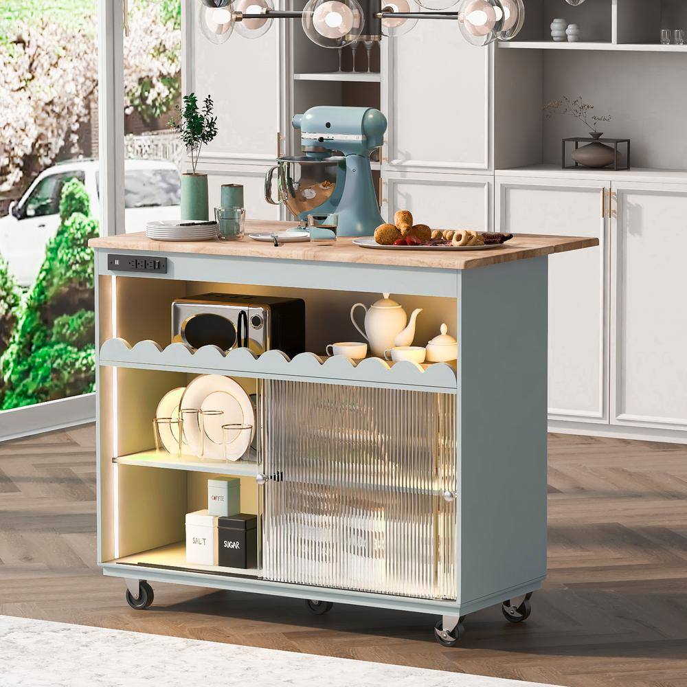 Gray Rubber Wood DropLeaf Countertop 44 in. Kitchen Island on 5Wheels with Open Shelf and Wine
