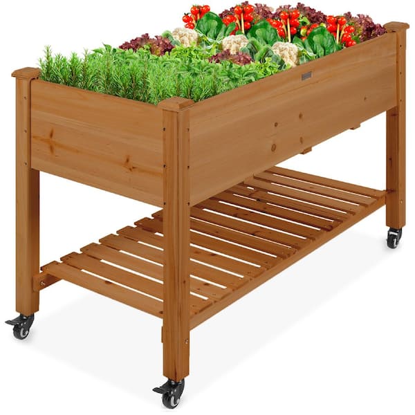 Best Choice Products 48 in. x 24 in. x 32 in. Wood Raised Garden Bed with Lockable Wheels, Liner - Acorn Brown