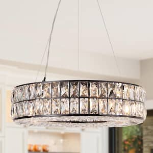 Modern Glam 8-Light Black Island Chandelier with Drum Crystal Glass Shade for Living Room Dining Room, LED Compatible
