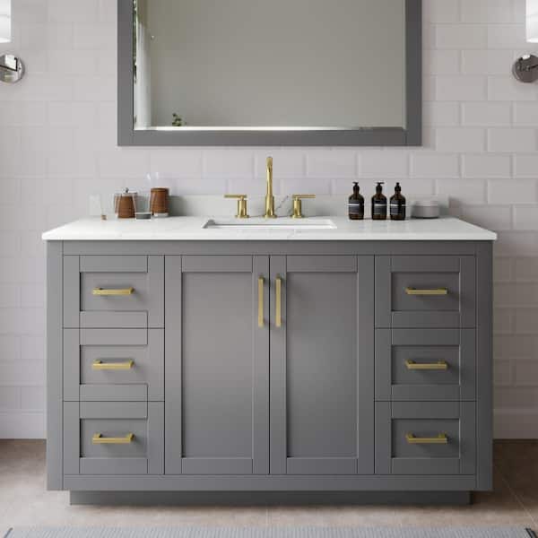 Wyndham Collection Miranda 54 in. W x 22 in. D x 33.75 in. H Single Bath Vanity in Dark Gray with Giotto Quartz Top and 46 in. Mirror