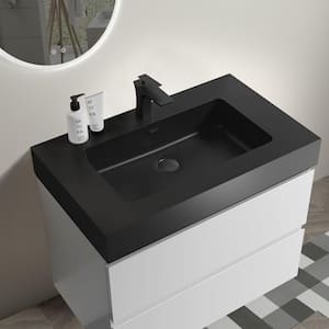 30 in. Single Sink Wall Mounted Glossy White Bath Vanity with Black Solid Surface Top Unassembled without Drain Faucet