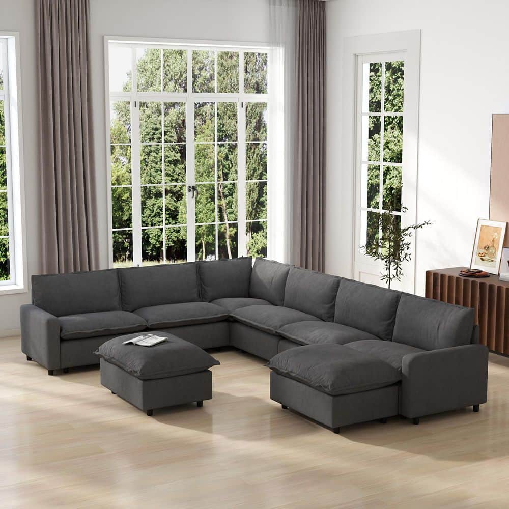 140.16 in. Square Arm 8-Piece Linen Modular Free Combination Sectional Sofa with Ottoman For Spacious Space in. Gray