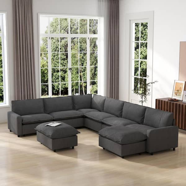 140.16 in. Square Arm 8-Piece Linen Modular Free Combination Sectional Sofa with Ottoman For Spacious Space in. Gray