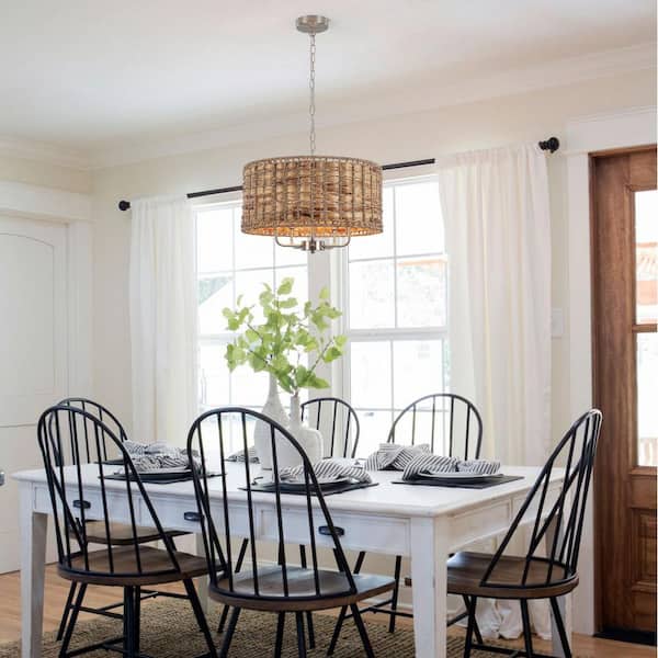 Scrow 19 in. 5-Light Nickel Metal Bohemian Drum Pendant Light with Hand Woven Shade for Dining Room