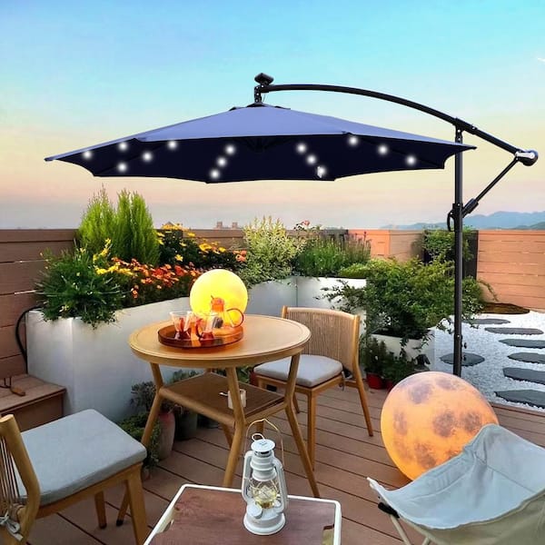 Unbranded 10 ft. Market Steel Solar LED Lighted Outdoor Patio Umbrella in Navy Blue with Crank and Cross Base