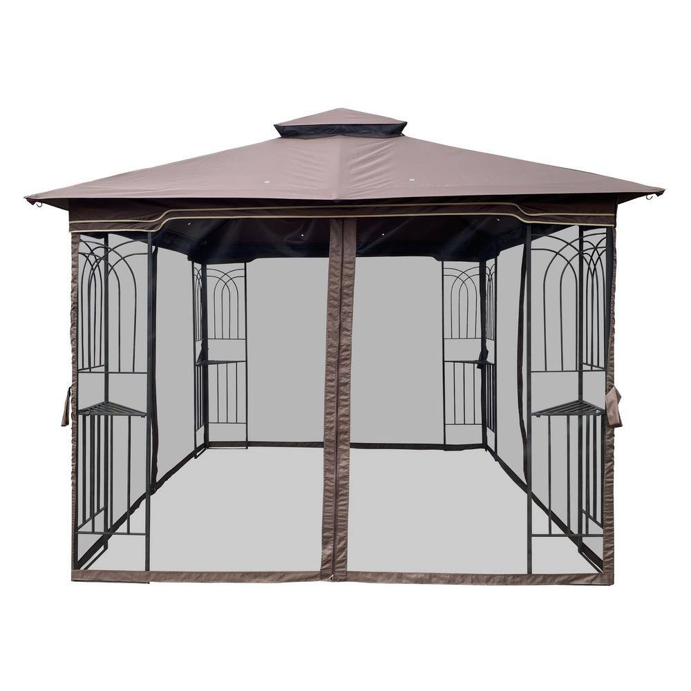 10 ft x 10 ft Brown Steel Patio Gazebo with Mosquito Net