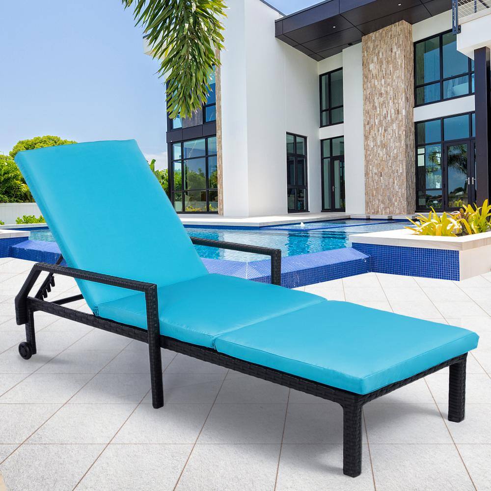 AECOJOY Black Wicker Outdoor Chaise Lounge with Blue Cushions 19012BK1