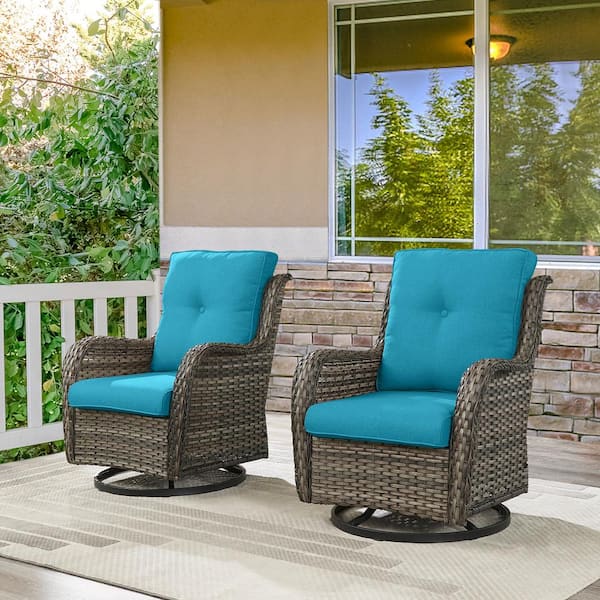 Earlo Gray Wicker PE Rattan Outdoor Swivel Rocker Patio Chairs with Olefin Light Blue Cushions (2-Pack)