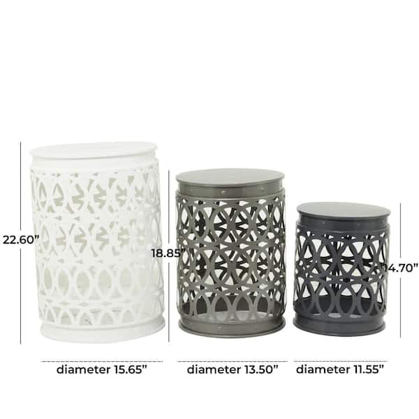 16 in. Multi Colored Indoor Outdoor Nesting Large Round Iron End Accent Table with Carved Trellis Design (3- Pieces)