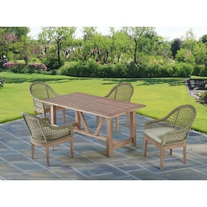 Richard Rustic Light Oak 5-Piece Acacia Wood Rectangle Standard Height Outdoor Dining Set with 4 Cushion Wicker Chair.