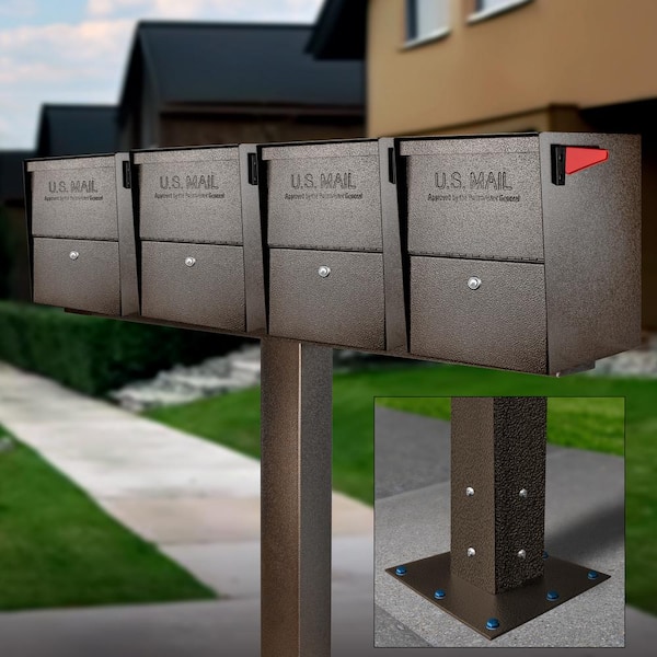 Package Master X4 Locking Post Mount Mailbox Combo Kit, Bronze, Surface Mount Post, 4-Compartment High Security Cluster