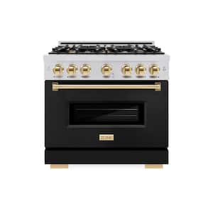 Classic 36 in. 6-Burner Dual Fuel Range with Convection Oven in Stainless Steel, Matte Black and Polished Gold