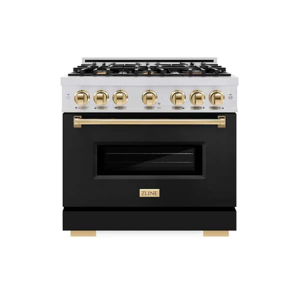 ZLINE Kitchen and Bath Classic 36 in. 6-Burner Dual Fuel Range with Convection Oven in Stainless Steel, Matte Black and Polished Gold