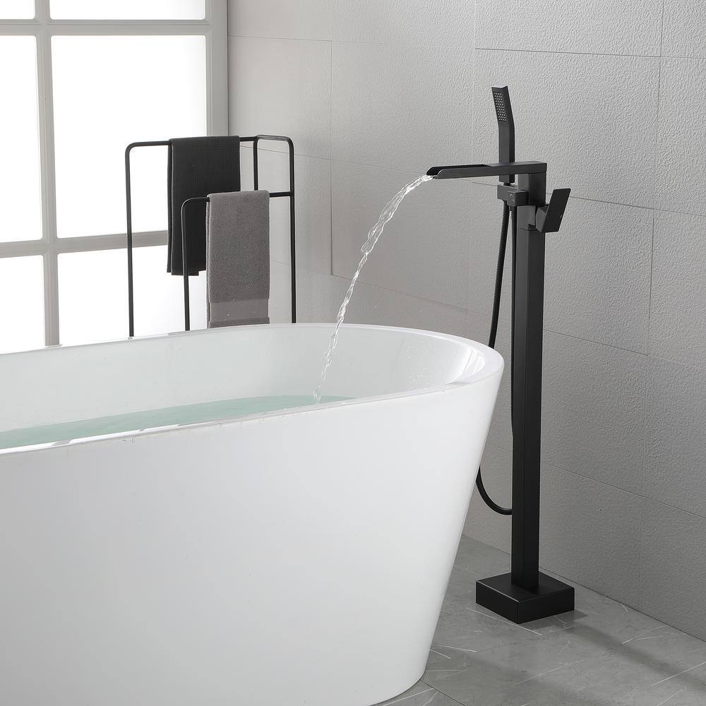 Matte Black Freestanding Floor Mount Tub Faucet with Hand Shower