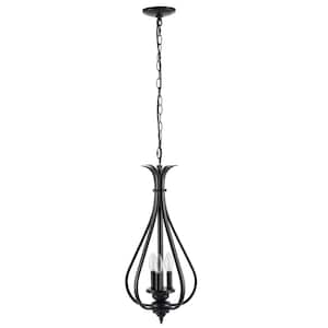 40-Watt 3-Light Matte Black Dimmable Lantern Teardrop Pendant Light with Free Hanging Crystals, No Bulbs Included