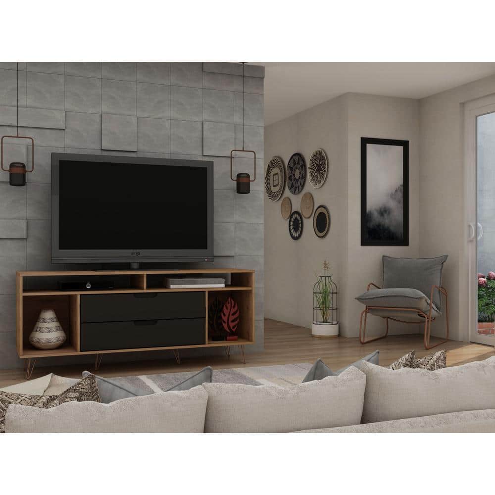 Natural and Gray MDF TV Stand with Metal Legs and Cabinet