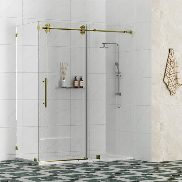 Kobiworks Radiance 66 in. W x 38 in. D x 76 in. H Sliding Frameless Corner Shower Enclosure in Brushed Gold with Clear Glass