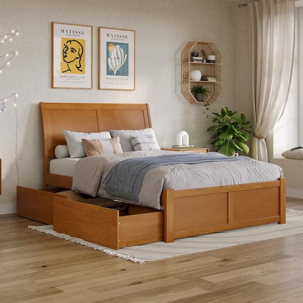 AFI Portland Light Toffee Natural Bronze Solid Wood Frame Full Platform Bed with Footboard and Storage Drawers