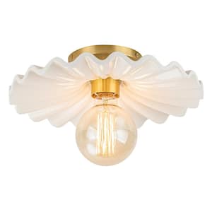Lotus 11.8 in. 1-Light Aged Brass Semi- Flush Mount with White Ceramic Shade