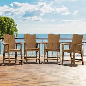 Brown-Oil Printed Plastic Adirondack Outdoor Bar Stool with Cup Holder Weather Resistant Wave Design Bar Chair(4-Pack)