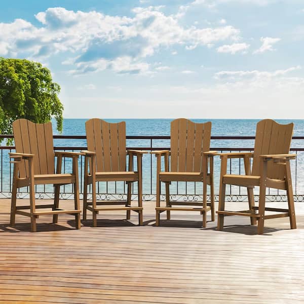 LUE BONA Brown-Oil Printed Plastic Adirondack Outdoor Bar Stool with Cup Holder Weather Resistant Wave Design Bar Chair(4-Pack)