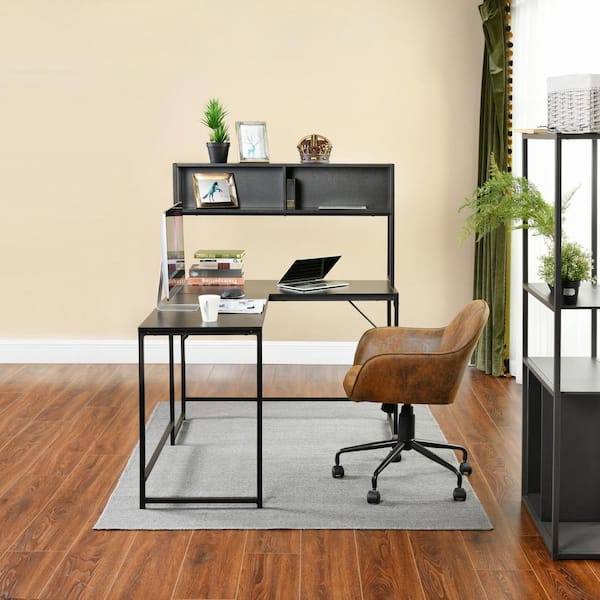 Homy Casa WILD 54 in. L-Shaped Black Manufactured Wood Top Writing Computer Desk with 2-Side Storage Compartments