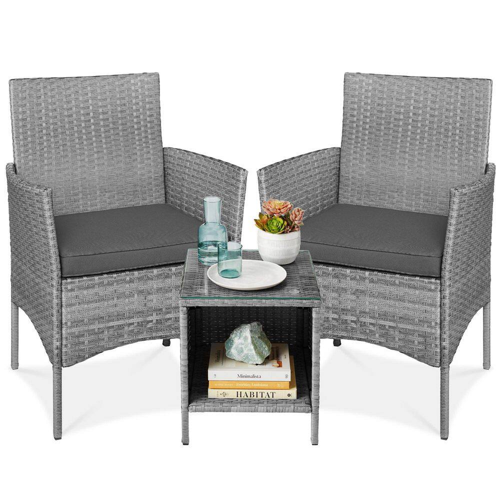 Gray Wicker 3-Piece Outdoor Bistro Set with Cushions and Glass Tabletop