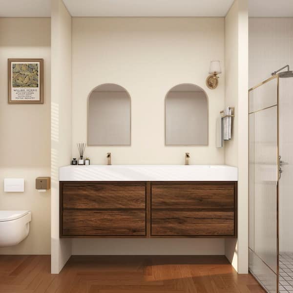 Saggie 59 in. W. x 20 in. D x 28 in. H Double Sink Floating Bath Double Vanity in Rosewood with White Acrylic Top