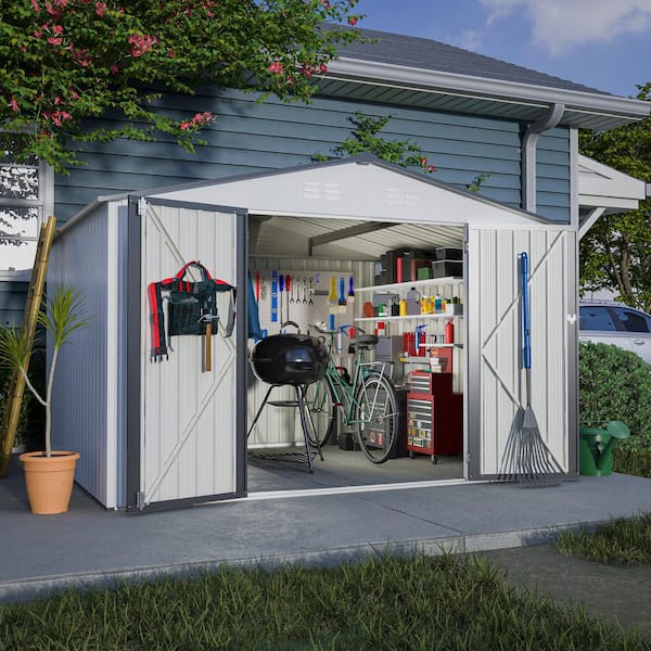 Wini 10 ft. W x 8 ft. D Outdoor All Weather Metal Storage Sheds with 2 Lockable Doors White 73.8 sq. ft.