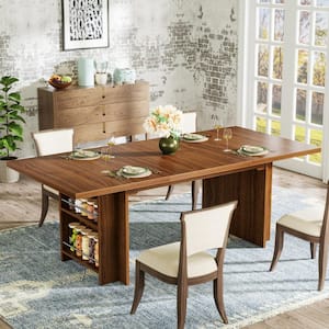 Halseey Farmhouse Brown Wood 63 in. Pedestal Dining Table Seats 6 to 8 with Storage Shelves