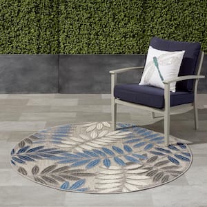 Aloha Gray/Blue 5 ft. x 5 ft. Round Floral Contemporary Indoor/Outdoor Patio Area Rug