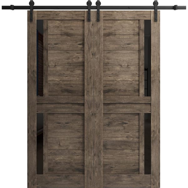 Sartodoors 30 in. x 80 in. 2 Panel Frosted Glass Cognac Oak Solid Wood Sliding Barn Door with Hardware Kit