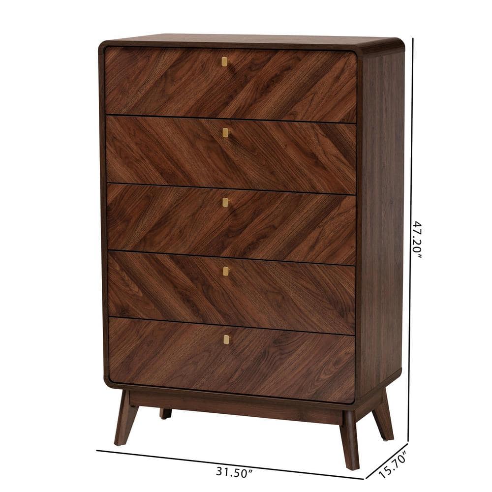 Walnut Brown Mid-Century Modern 5-Drawer Storage Chest