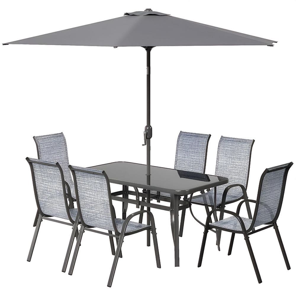 8-Piece All Weather Metal Gray Outdoor Dining Set with Adjustable Umbrella, Tempered Glass Tabletop, 6 Quick Dry Chairs price history on PriceWatchPro