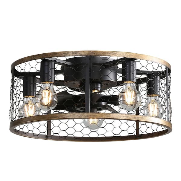 CACI Mall 20 in. Indoor/Outdoor Flush Mount Black Metal Low Profile Caged Ceiling Fan with 5-Light Bulb and Remote Control