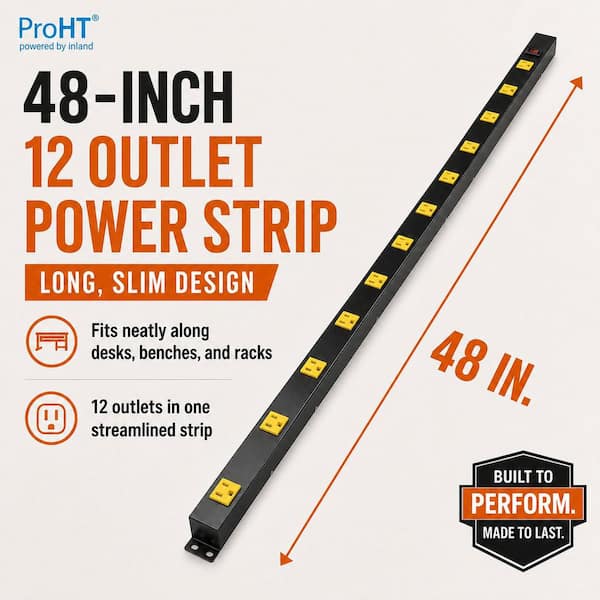 48 in. Mountable Heavy-Duty Metal 12-Outlet Wide Spaced Power Strip with Lighted Switch, 3 ft. Cord, 15 Amp