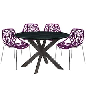 Ravenna 5-Piece Dining Set with 4-Stackable Plastic Chairs and Round Table with Geometric Base, Purple