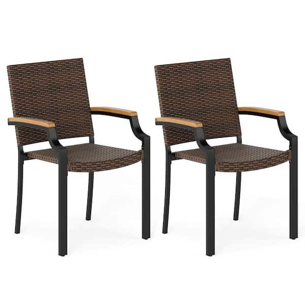 Stacking Wicker Chairs Set of 2 with Acacia Wood Armrests and Metal Frame, Outdoor