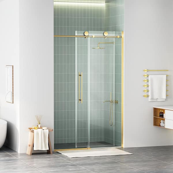 48 in. W x 75 in. H Sliding Frameless Shower Door in Brushed Gold with Tempered Glass