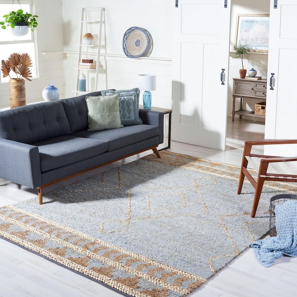 Kilim Natural/Blue 8 ft. x 10 ft. High-Low Striped Geometric Area Rug