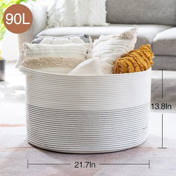 Cubilan Cotton Rope Basket, 21.7 in. x 21.7 in. x 13.8 in. White Woven Baby Laundry Basket for Blankets