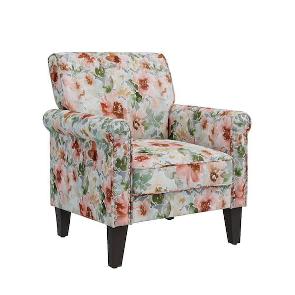 Handy Living Jean Pastel Orange and Green Floral Fabric Traditional Rolled Arm Accent Chair with Nailheads