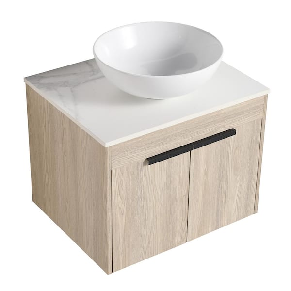Unbranded PETIT 23.6 in. W x 18.9 in. D x 23.8 in. H Single Sink Floating Bath Vanity in Oak with White Stone Top and Ceramic Sink