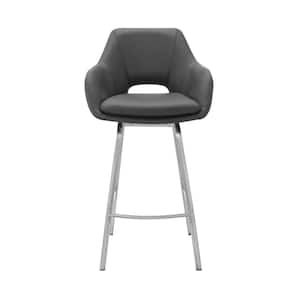 30 in. Gray on Stainless Faux Leather Comfy Swivel Bar Stool