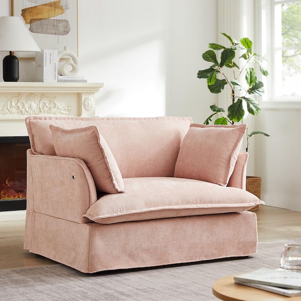 Pink Chenille Arm Chair with Dual-Port Charging and Throw Pillows
